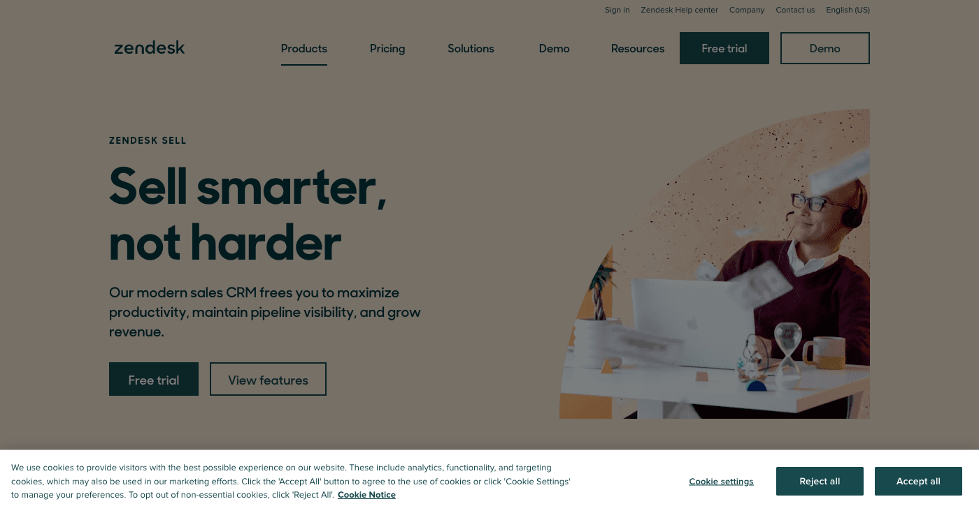 Zendesk Sell CRM platform demonstrating AI-powered sales automation, customer service integration, and unified sales experience
