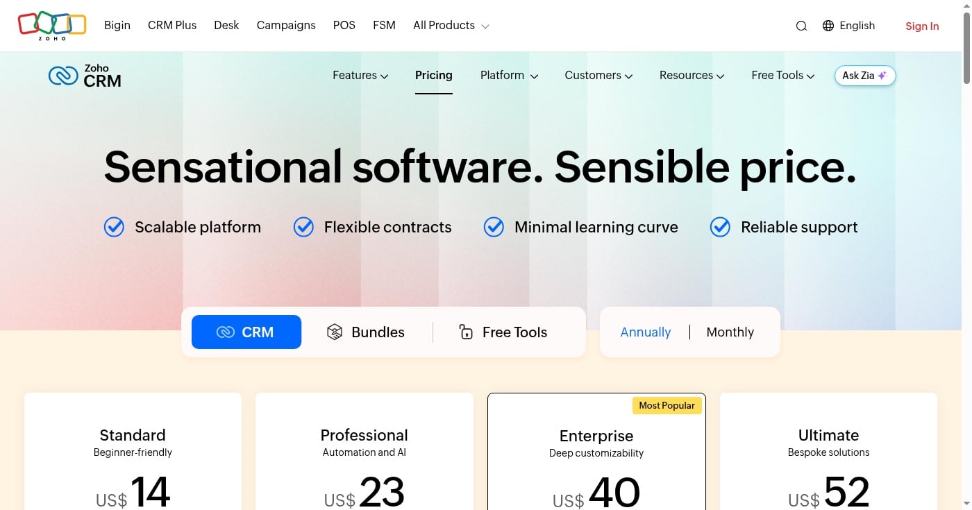 Zoho CRM pricing page screenshot
