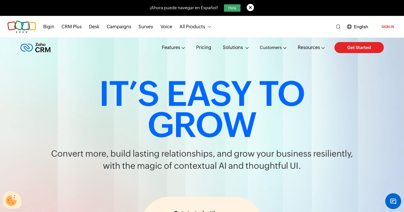 Zoho CRM platform featuring Zia AI assistant for lead scoring, sales automation, and comprehensive customer management tools