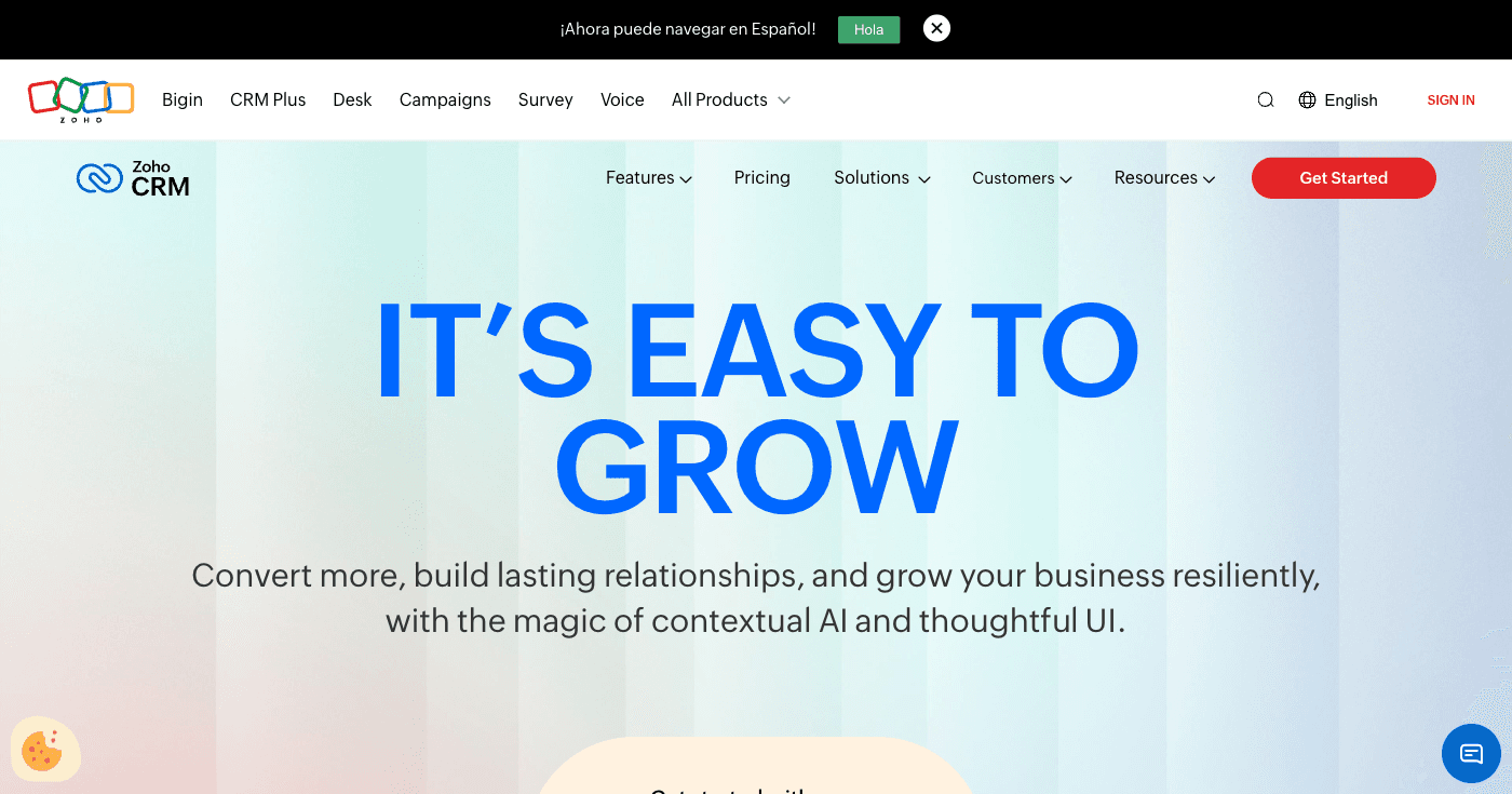Zoho CRM platform featuring Zia AI assistant for lead scoring, sales automation, and comprehensive customer management tools