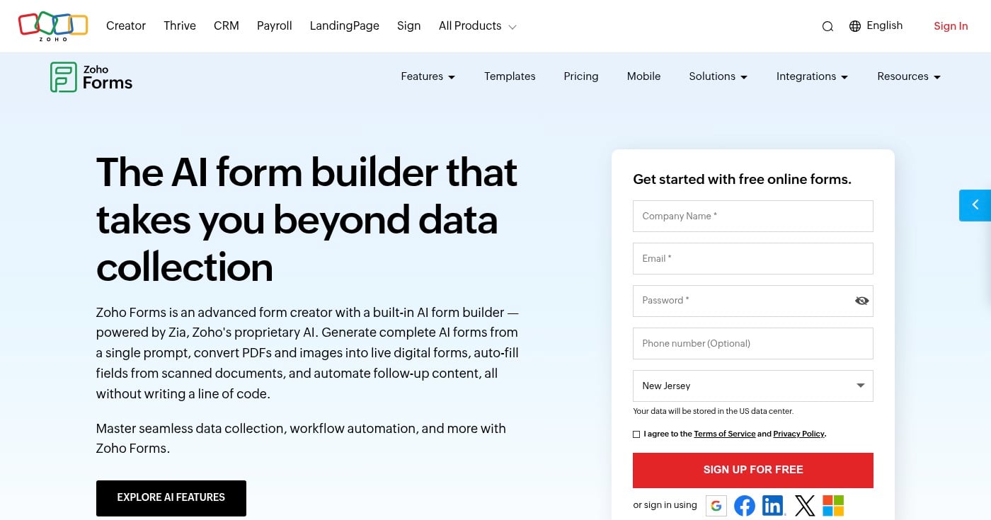 Zoho Forms homepage screenshot