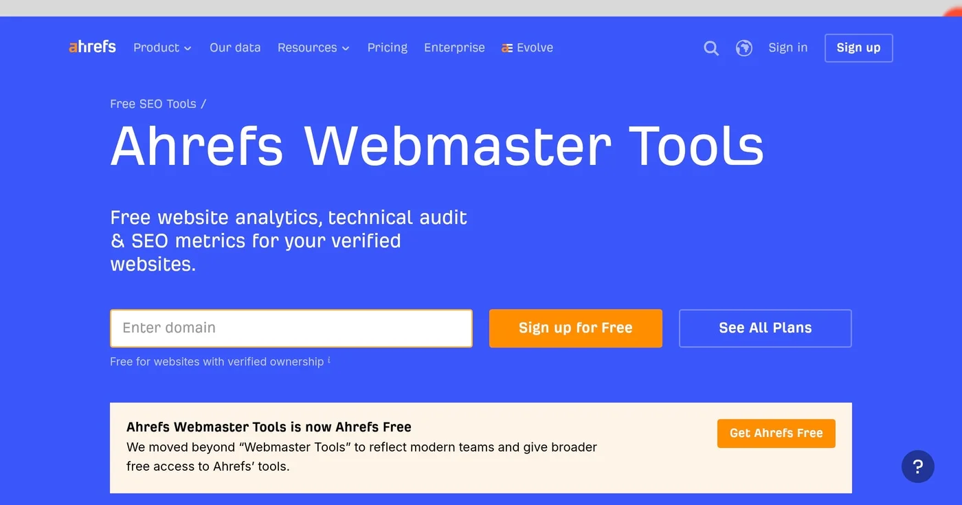 Ahrefs Free Webmaster Tools