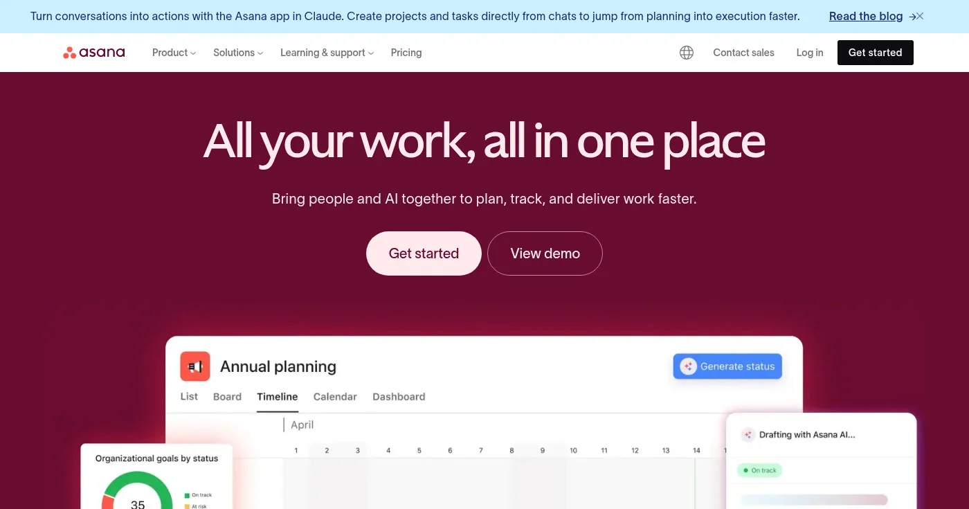 Screenshot of Asana homepage
