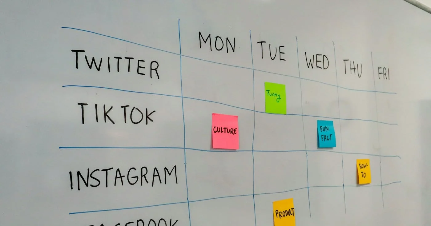 Whiteboard content calendar with sticky notes for Twitter, TikTok, Instagram and Facebook across the week
