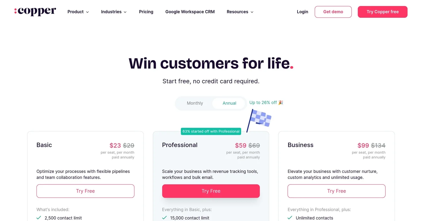 Copper CRM pricing page screenshot