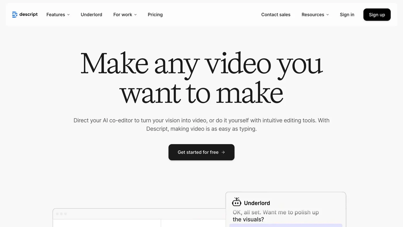Descript's unique text-based video editing interface with AI voice cloning and transcription features