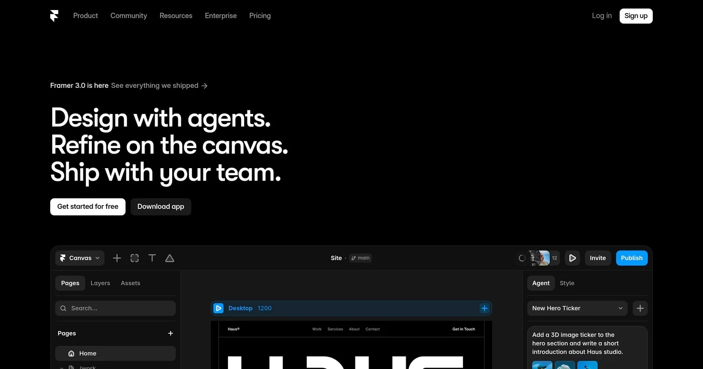 Framer landing page builder product screenshot