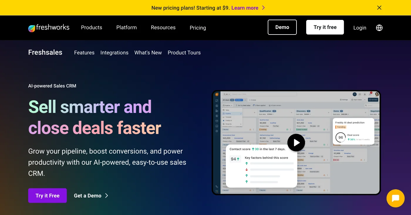 Freshsales CRM showcasing Freddy AI features for lead scoring, sales automation, and user-friendly interface design