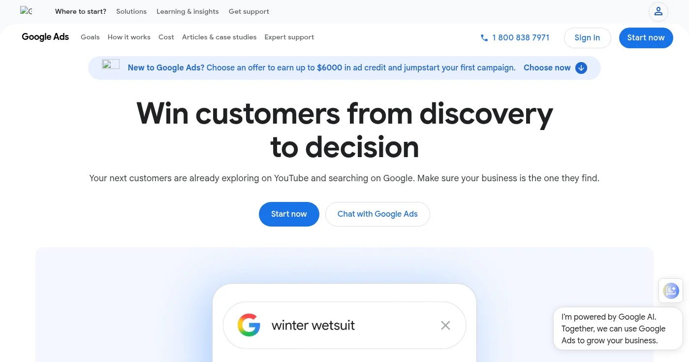 Google Ads platform homepage