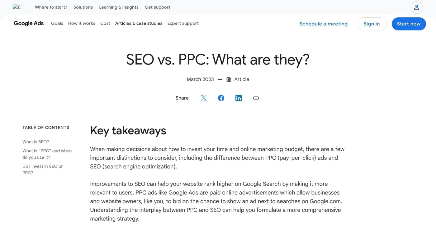 Google's SEO versus PPC explainer on the Google Business site