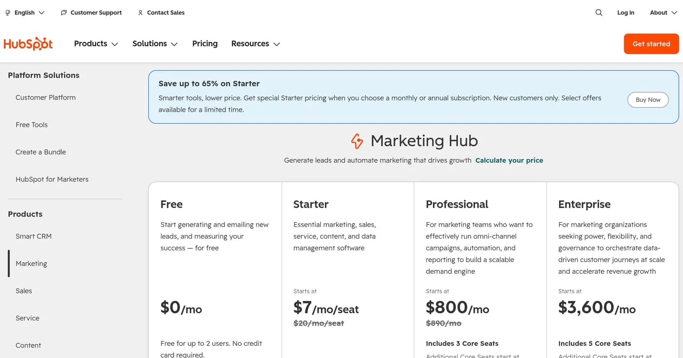 HubSpot Marketing Hub pricing page