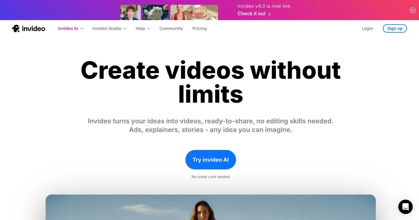 InVideo AI platform showing marketing-focused video templates and social media optimization tools