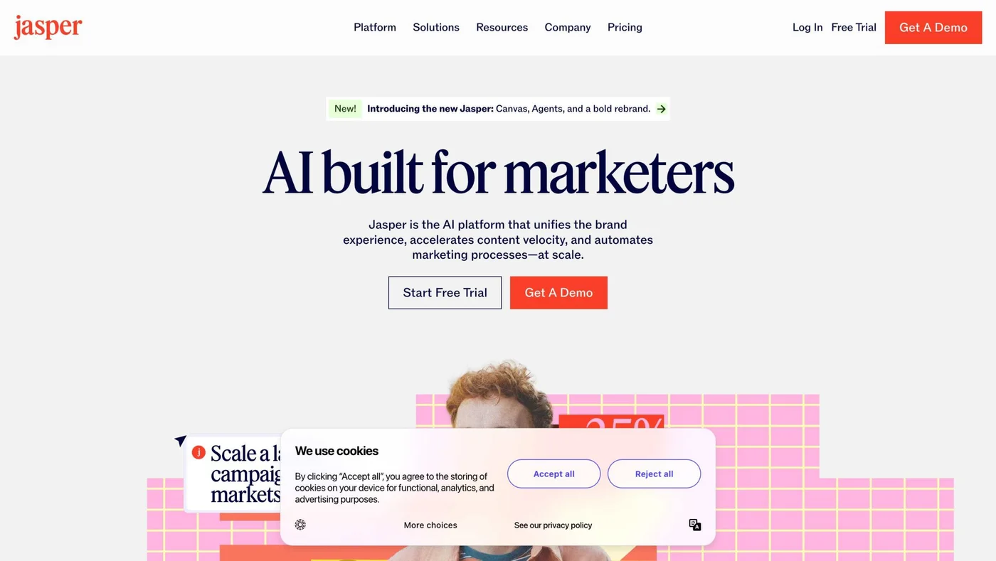 Jasper AI marketing platform showcasing integrated video creation and content marketing workflow tools