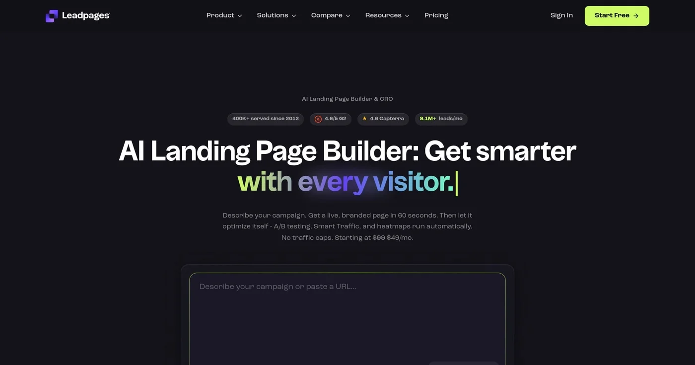 Leadpages landing page builder product screenshot