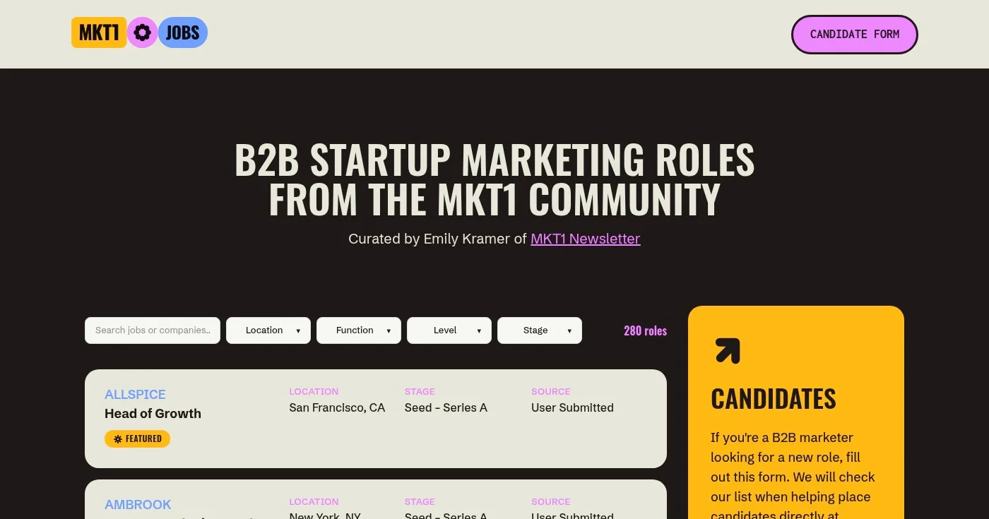 MKT1 B2B startup marketing job board