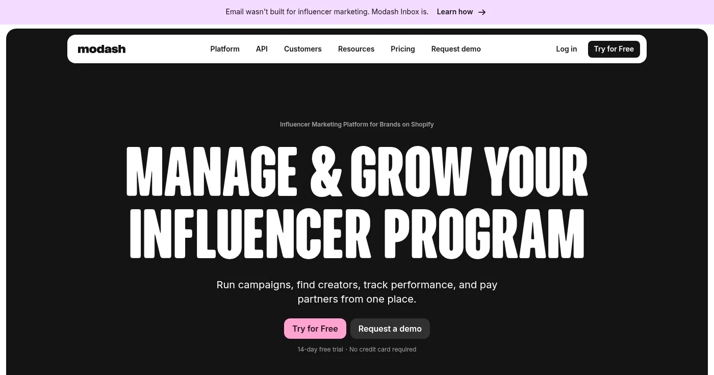 Screenshot of Modash homepage