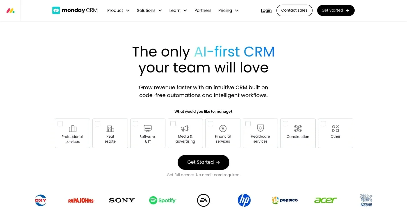 Monday.com CRM homepage