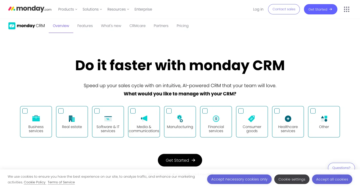 Monday.com CRM displaying visual sales pipeline management with AI-powered automation and team collaboration features