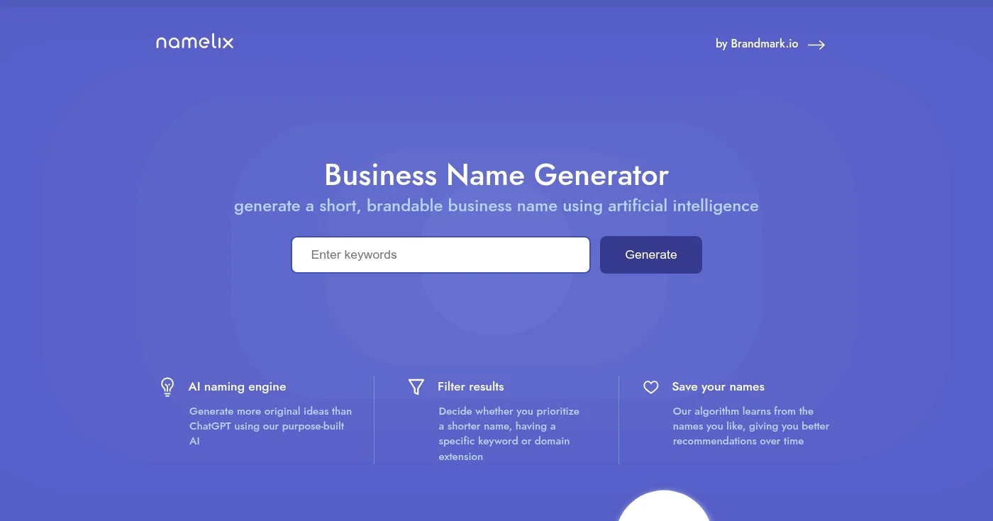 Namelix AI business name generator interface