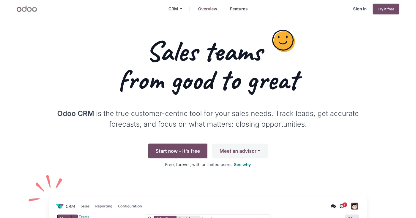 Odoo open-source CRM platform showing comprehensive business suite integration and AI-powered sales automation tools