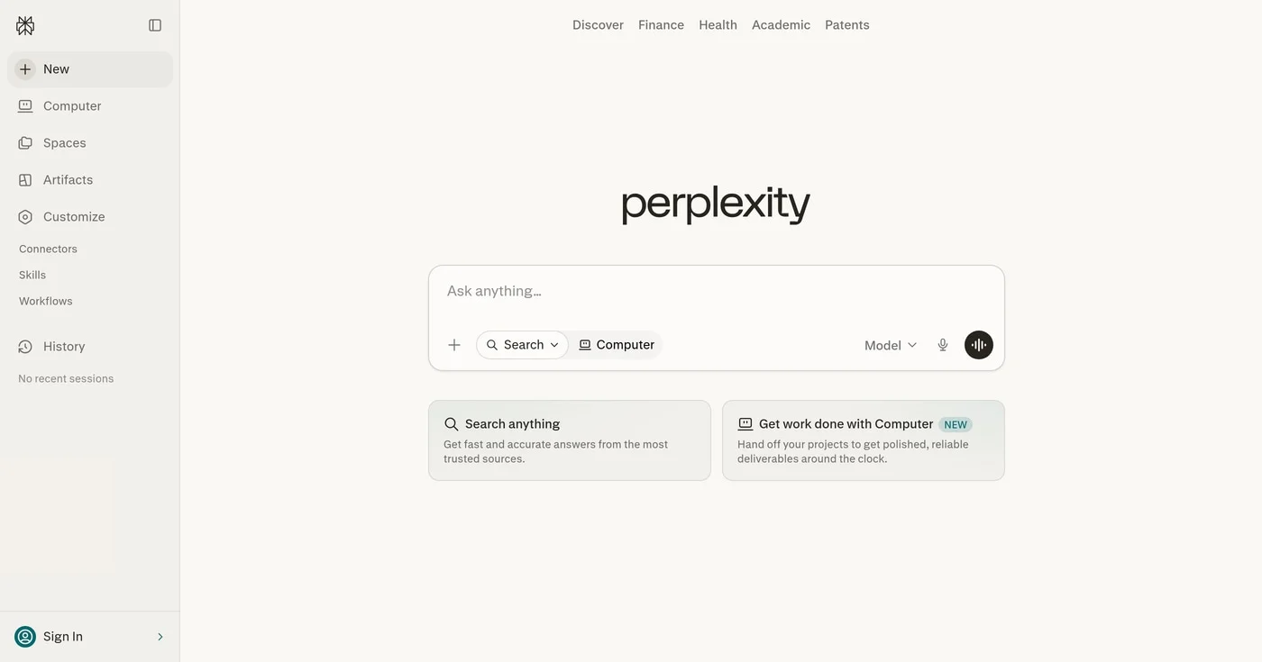 Perplexity AI powered research assistant homepage