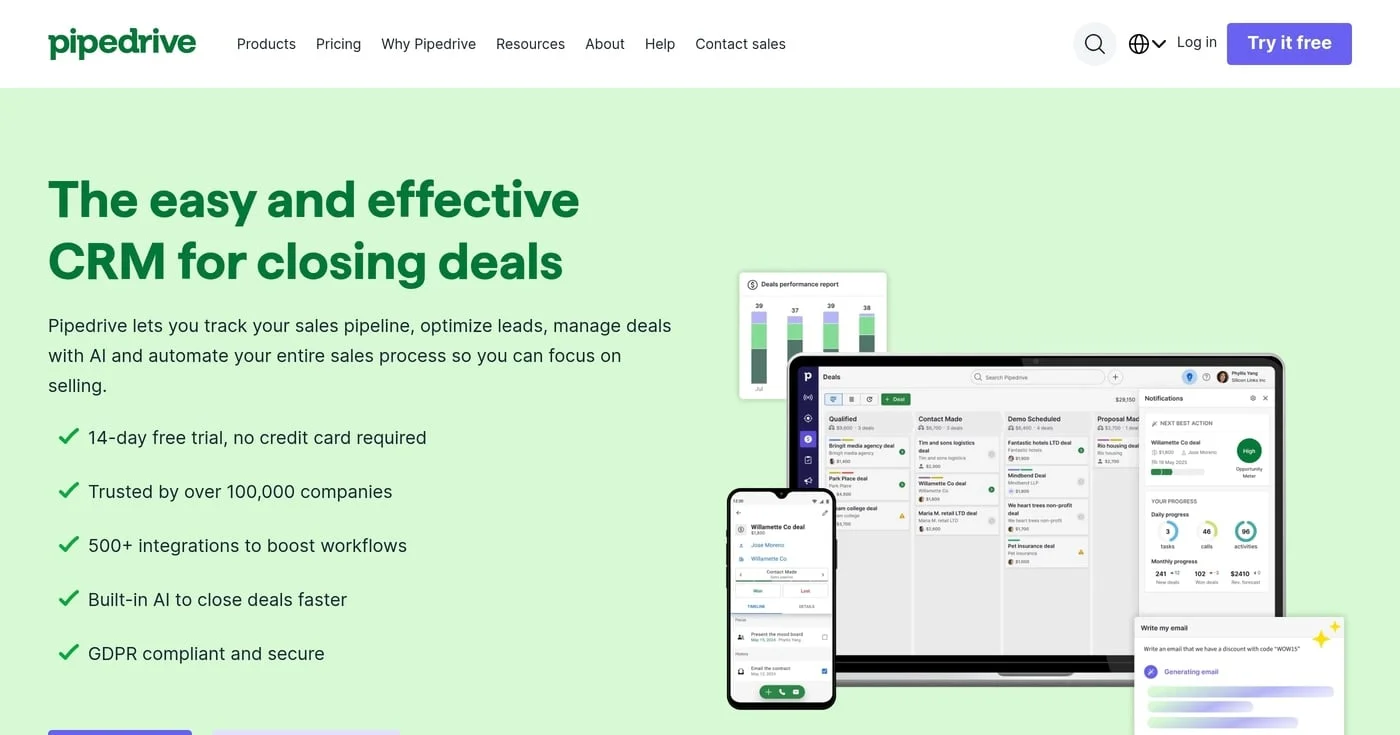Pipedrive CRM homepage