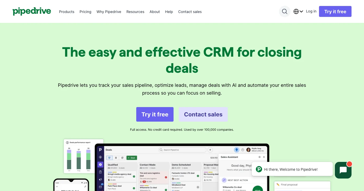 Pipedrive AI CRM showing visual sales pipeline management and deal tracking interface for startup sales teams