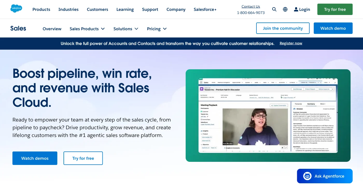 Salesforce Sales Cloud AI CRM platform showing Einstein AI features and sales automation tools for startup founders