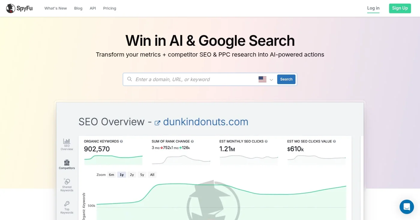 SpyFu competitive PPC intelligence tool homepage