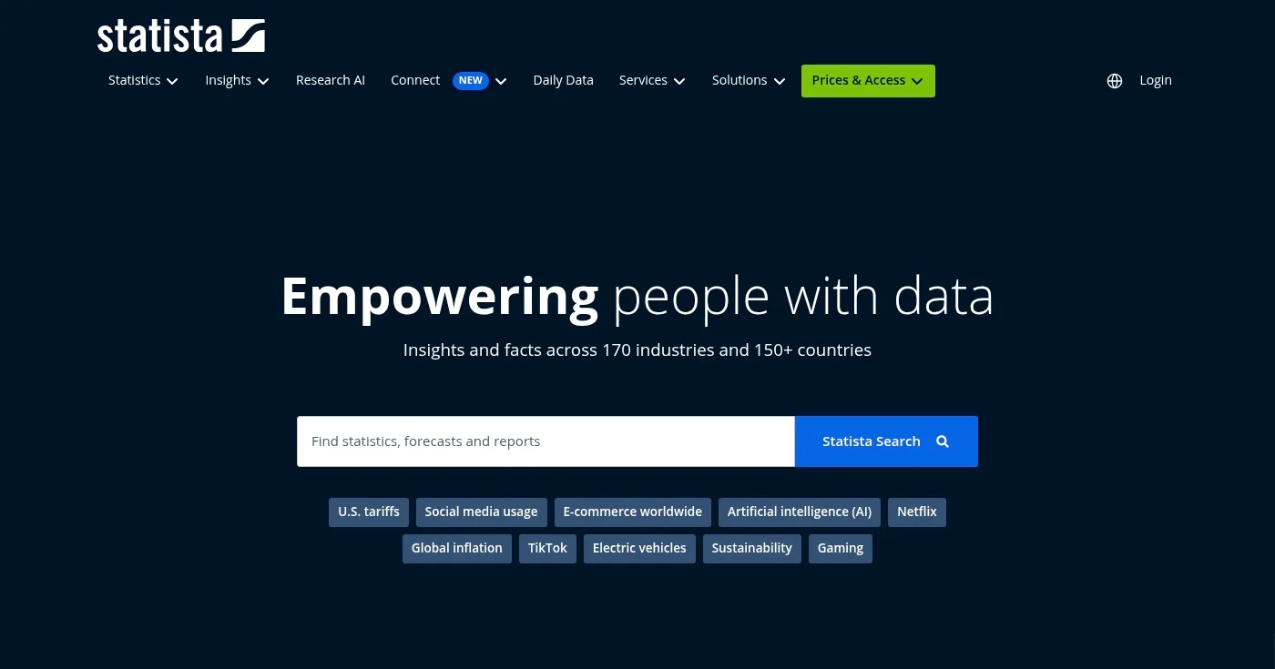 Statista secondary market data platform homepage