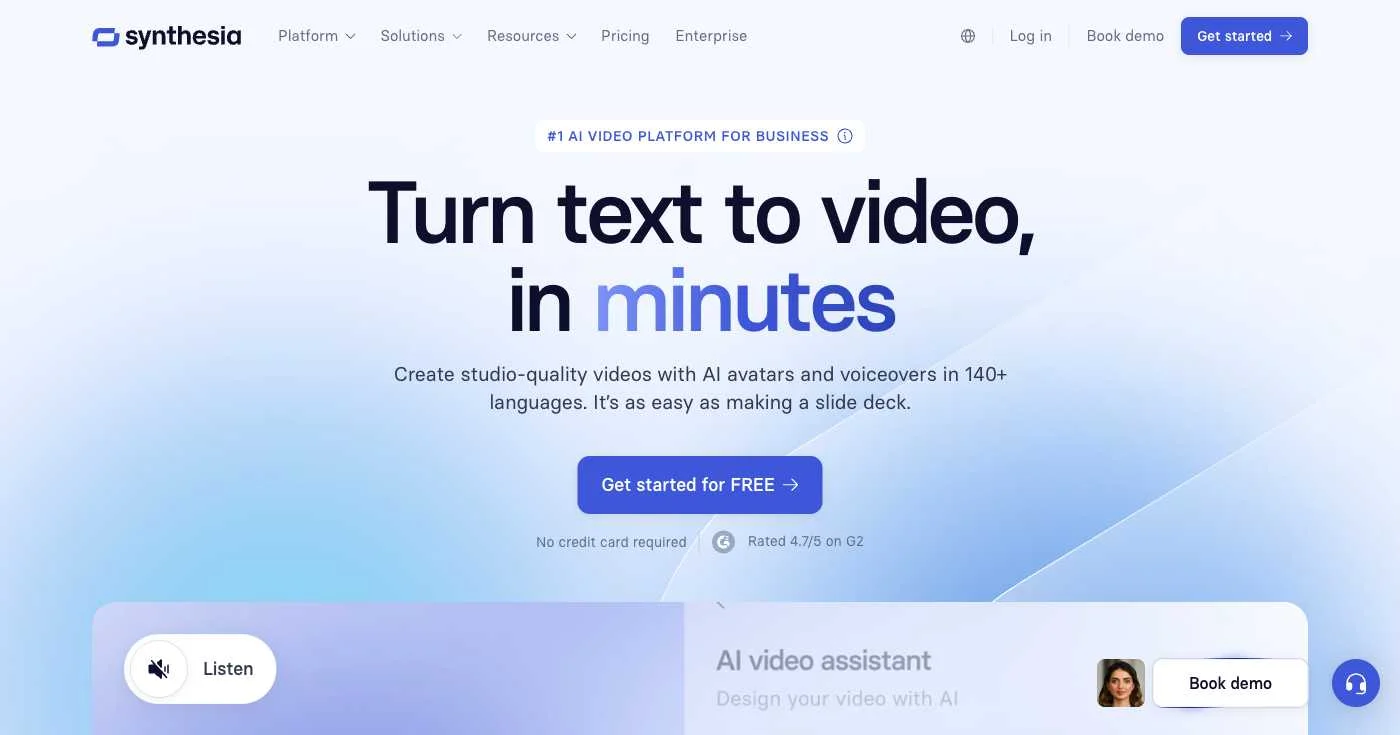 Synthesia AI video generator homepage showing professional AI avatars and multilingual video creation capabilities