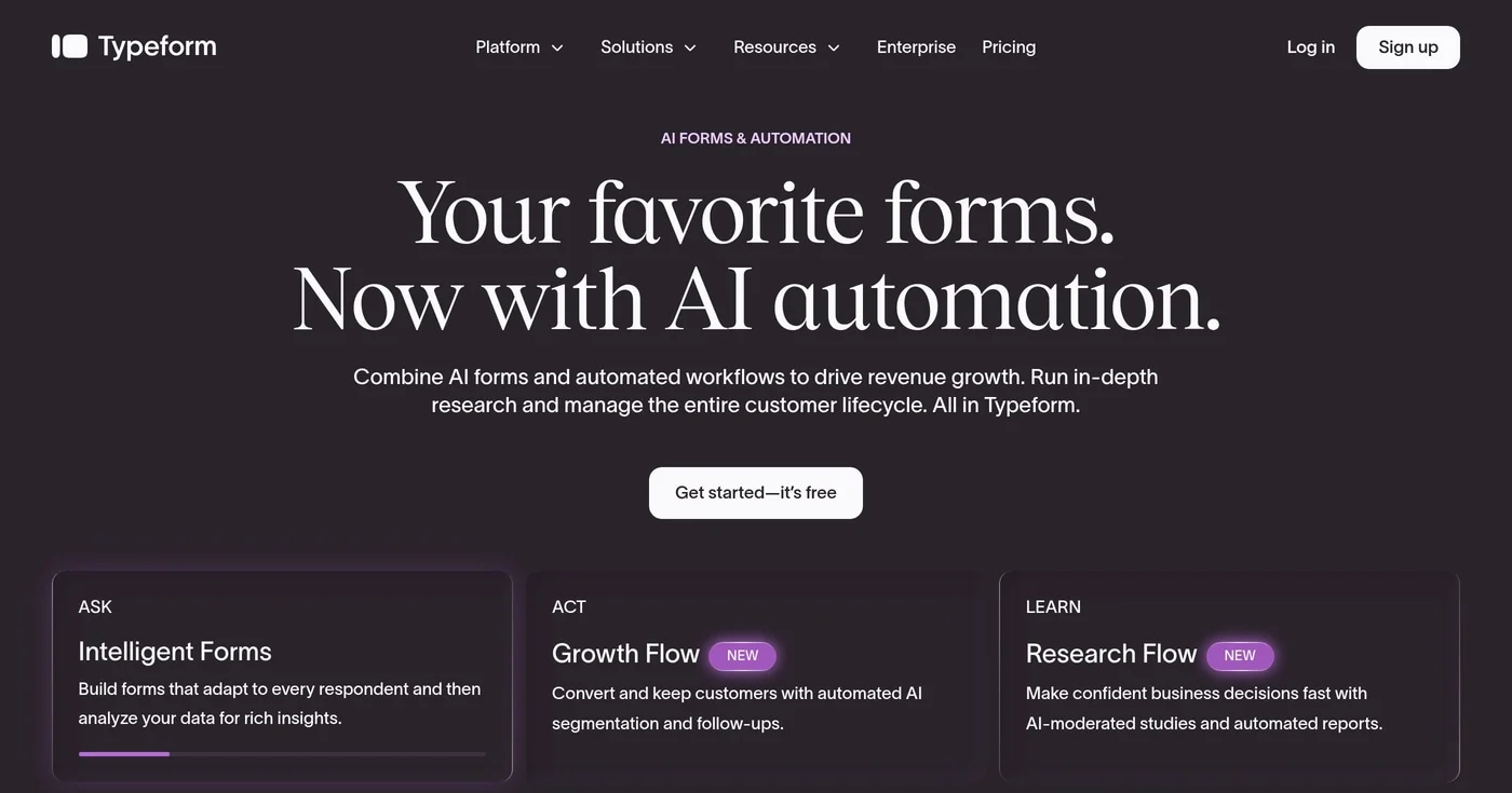 Typeform conversational survey builder homepage
