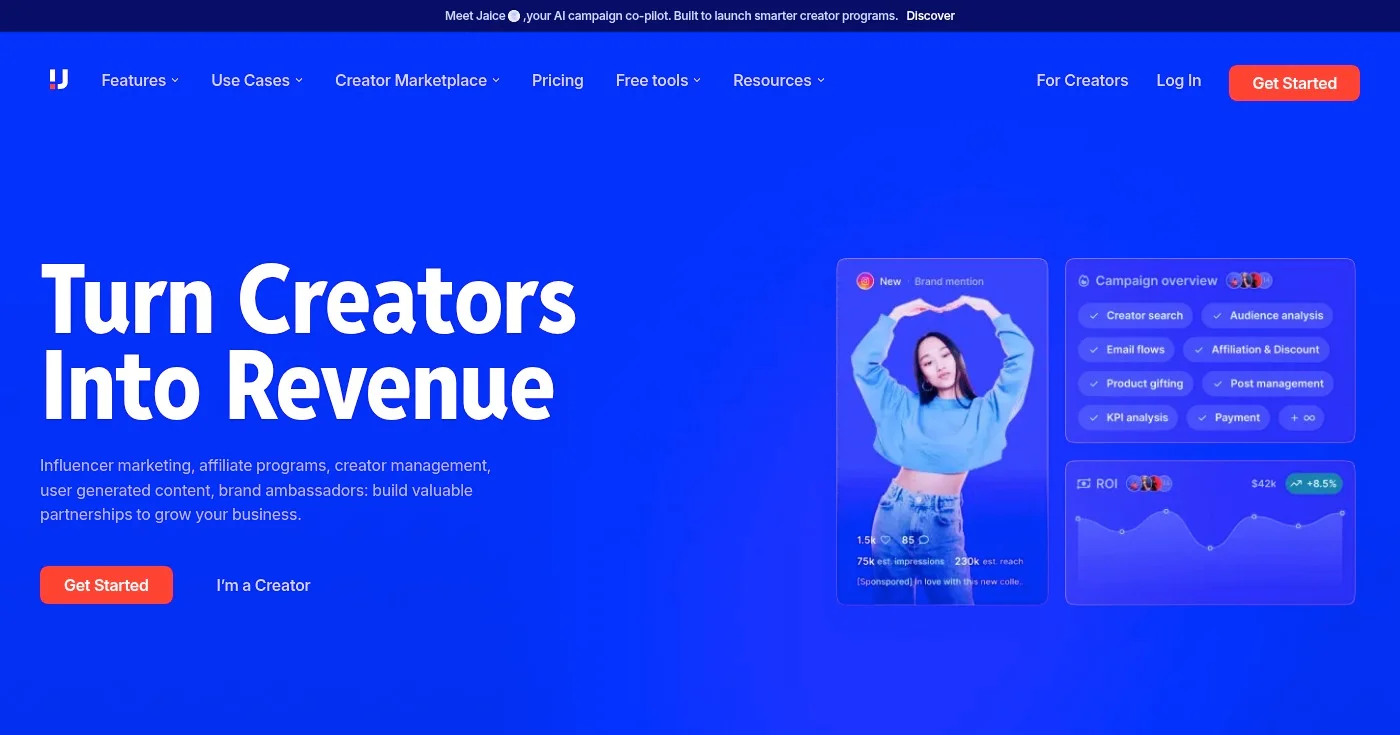 Screenshot of Upfluence homepage