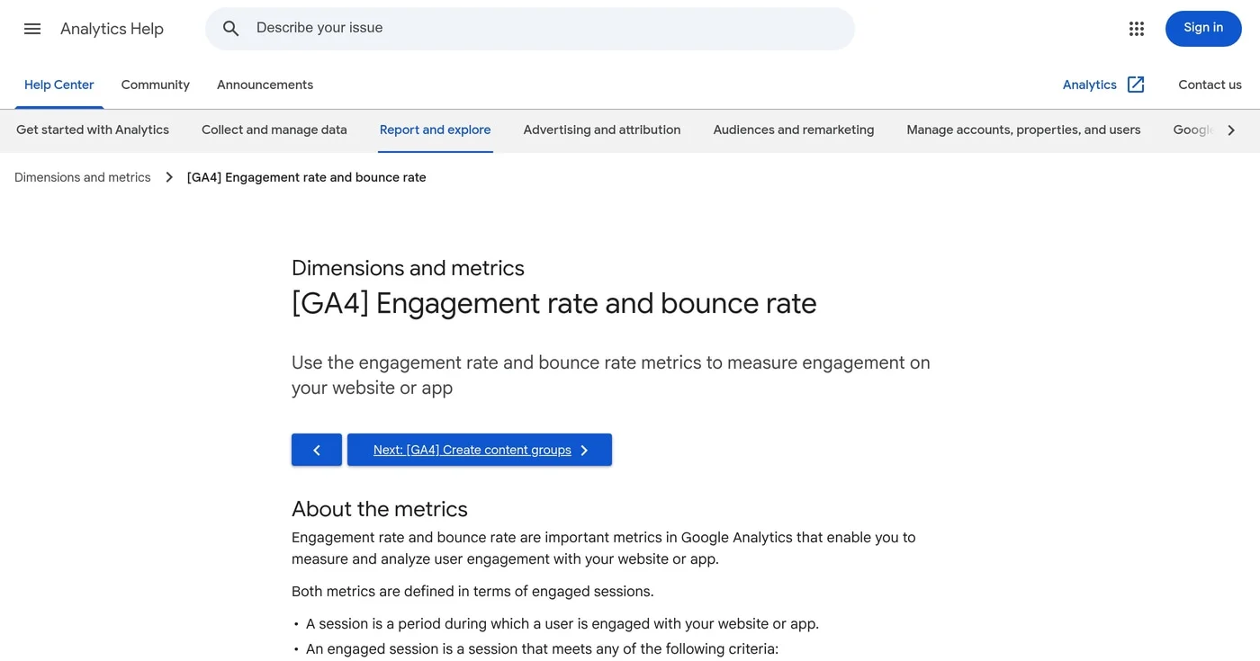 GA4 engagement rate and bounce rate help page