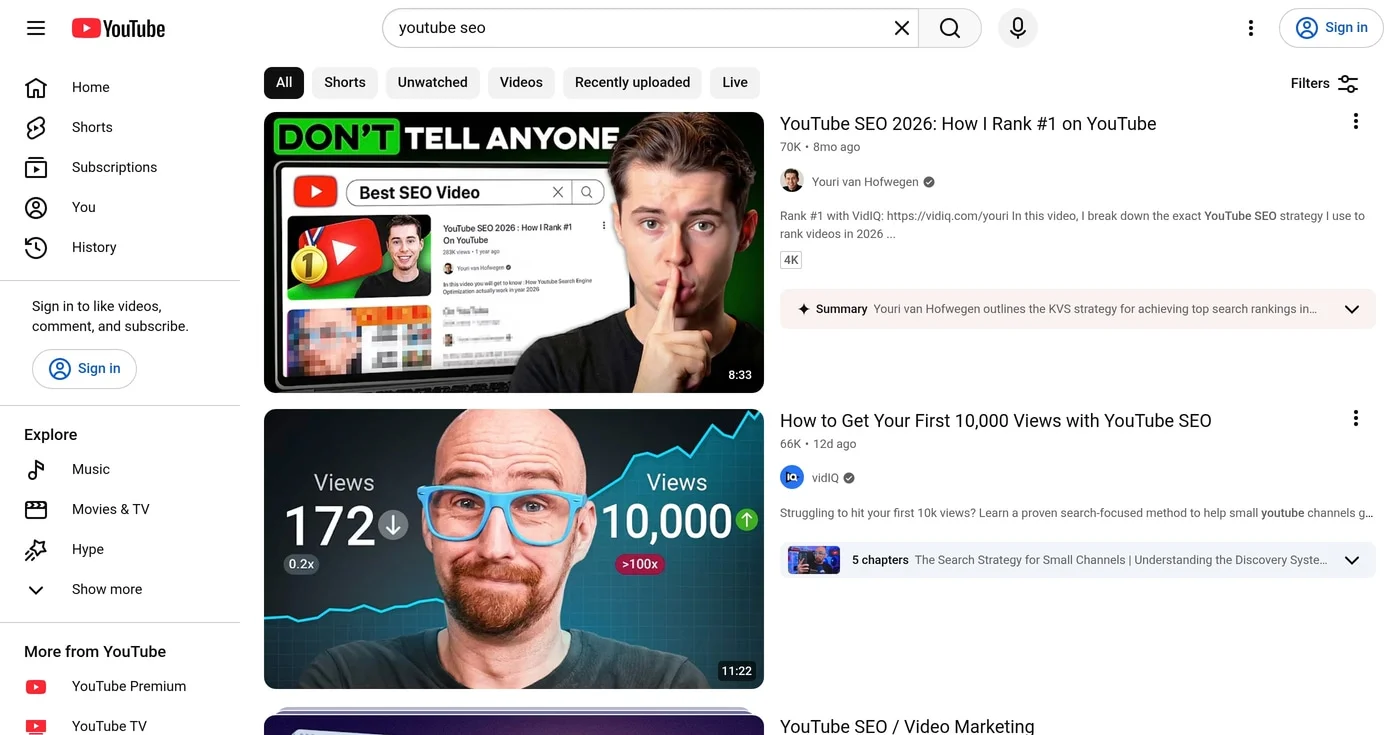 YouTube search results for youtube seo