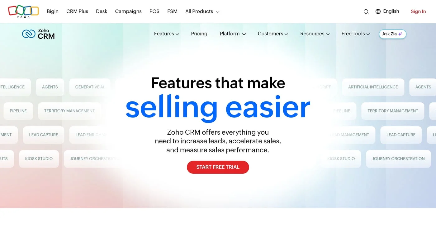 Zoho CRM features page