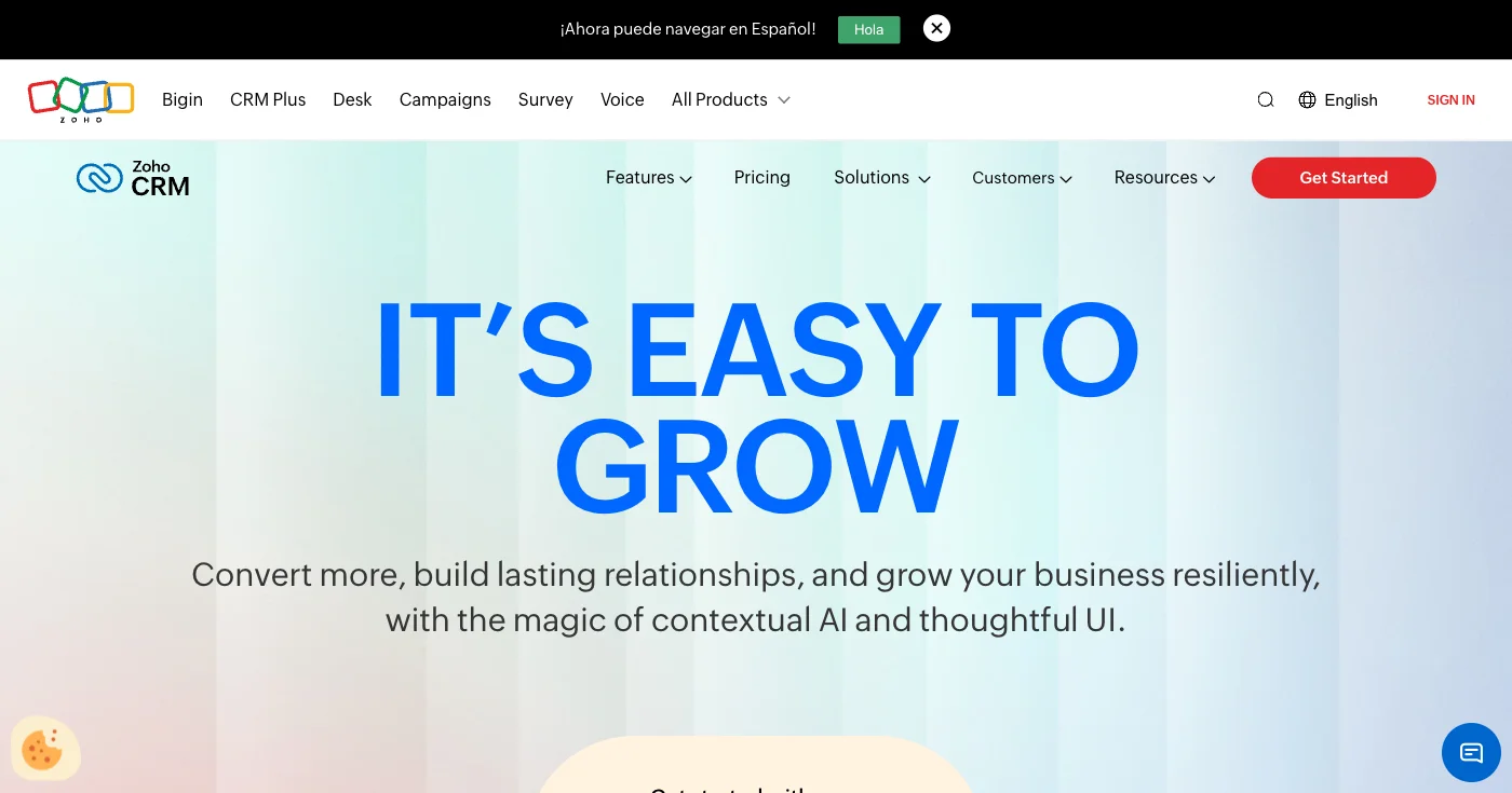 Zoho CRM platform featuring Zia AI assistant for lead scoring, sales automation, and comprehensive customer management tools