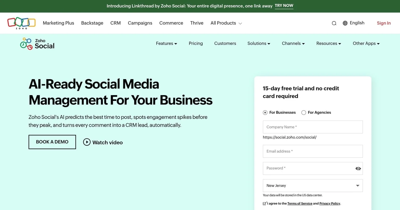 Zoho Social product page