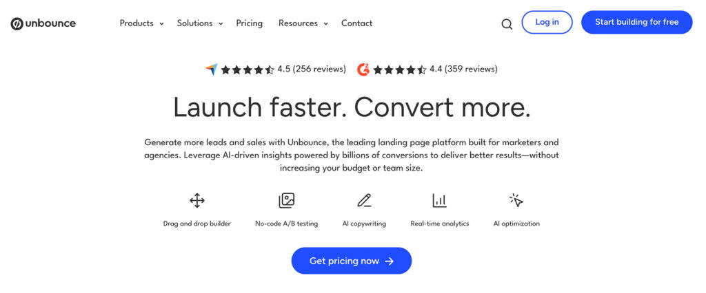 Unbounce homepage, Jun 2025