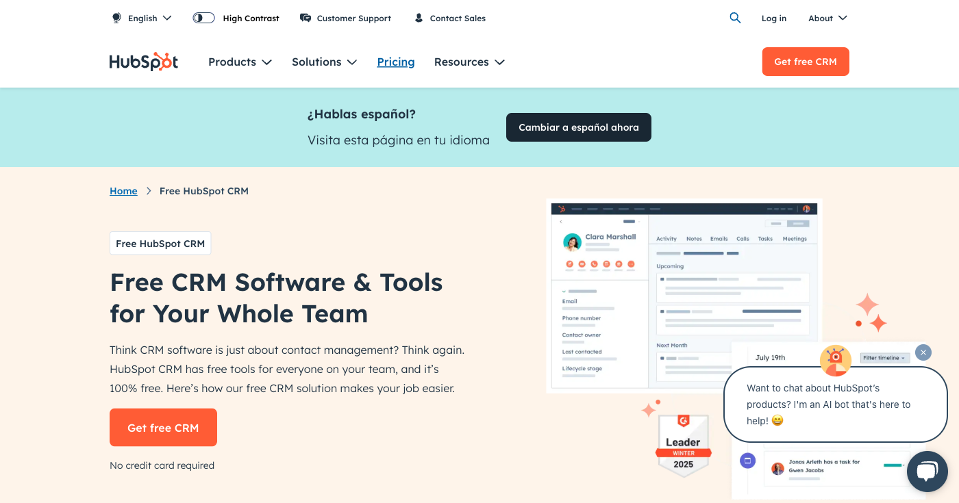 HubSpot free CRM platform showcasing AI features, sales automation, and inbound marketing tools for startup growth